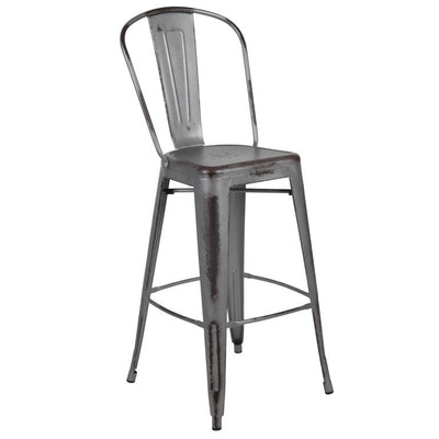 Flash Furniture Commercial Grade 30" High Distressed Silver Gray Metal Indoor-Outdoor Barstool with Back, Set of 4! (NEW IN BOX)