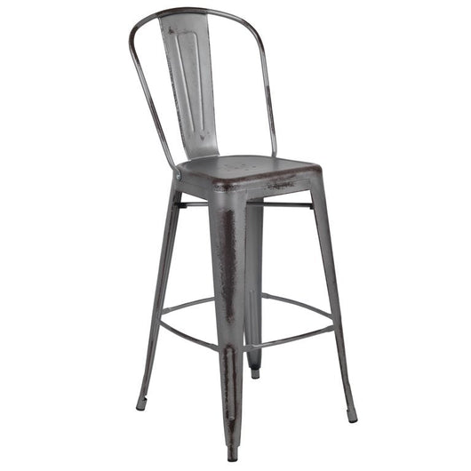 Flash Furniture Commercial Grade 30" High Distressed Silver Gray Metal Indoor-Outdoor Barstool with Back, Set of 4! (NEW IN BOX)