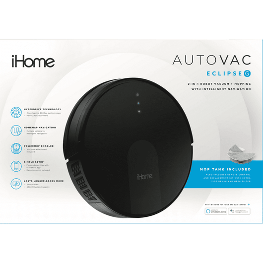 iHome AutoVac Eclipse G 2-in-1 Robot Vacuum and Mop with Homemap Navigation, Ultra Strong Suction Power, Wi-Fi/App Connectivity! -New!