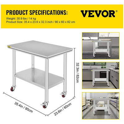 VEVOR Stainless Steel Work Table 36x24 Inch Food Prep Station!

-Brand new and assembled but does have one small indent on the bottom shelf, photos shown