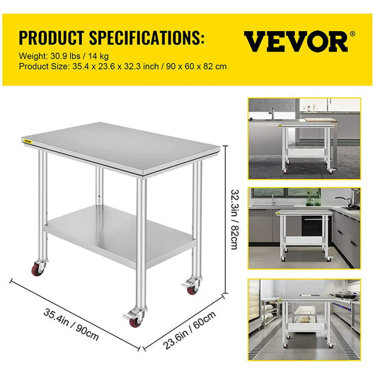 VEVOR Stainless Steel Work Table 36x24 Inch Food Prep Station!

-Brand new and assembled but does have one small indent on the bottom shelf, photos shown