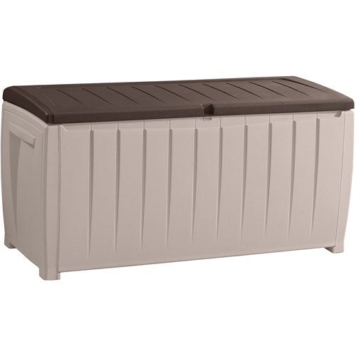 Keter Novel Outdoor 90 Gallon Plastic Deck Box, Black!! NEW AND ASSEMBLED, SIDE CRACKED(PHOTOS SHOWN)!!