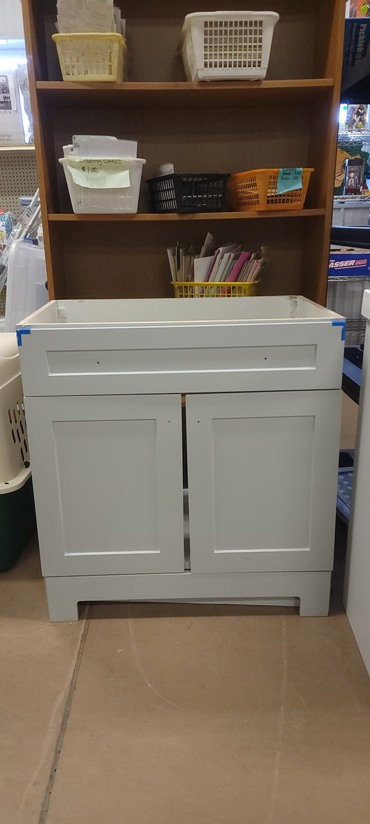 Dove Grey 30.25" Wide Vanity Base! (NEVER USED, BUT HAS DEFECT FROM SHIPPING)

-One drawer has a very small crack, photos shown.

-Also has a chip on the top front left drawer