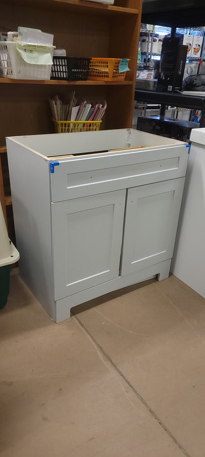 Dove Grey 30.25" Wide Vanity Base! (NEVER USED, BUT HAS DEFECT FROM SHIPPING)

-One drawer has a very small crack, photos shown.

-Also has a chip on the top front left drawer
