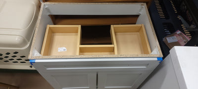 Dove Grey 30.25" Wide Vanity Base! (NEVER USED, BUT HAS DEFECT FROM SHIPPING)

-One drawer has a very small crack, photos shown.

-Also has a chip on the top front left drawer