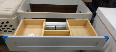 Dove Grey 30.25" Wide Vanity Base! (NEVER USED, BUT HAS DEFECT FROM SHIPPING)

-One drawer has a very small crack, photos shown.

-Also has a chip on the top front left drawer