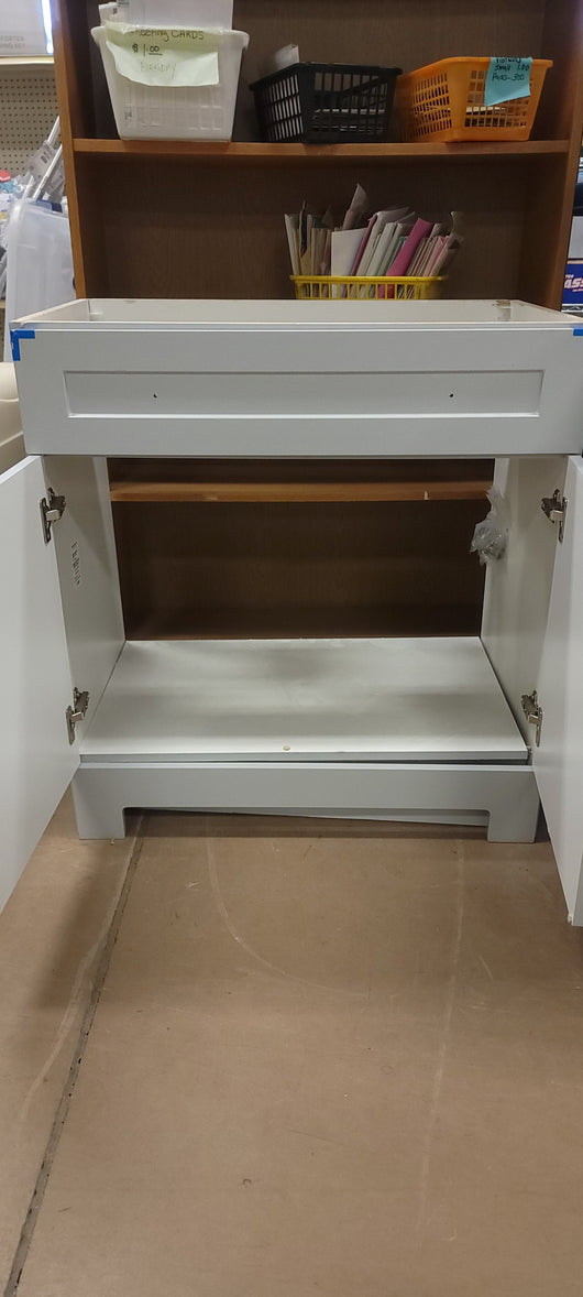 Dove Grey 30.25" Wide Vanity Base! (NEVER USED, BUT HAS DEFECT FROM SHIPPING)

-One drawer has a very small crack, photos shown.

-Also has a chip on the top front left drawer