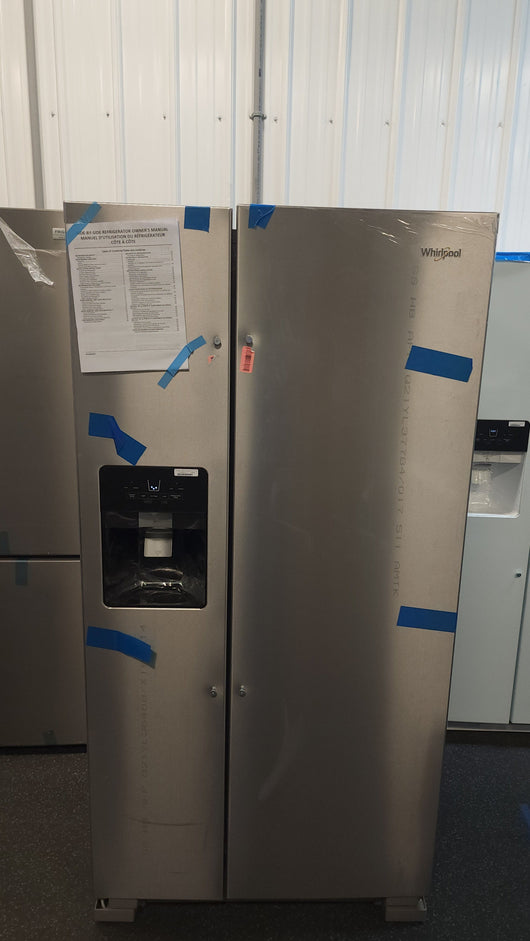 Whirlpool  21.4-cu ft Side-By-Side Refrigerator with Ice and Water Dispenser and Can Caddy - Fingerprint Resistant Stainless Steel!

-Brand new but is scratch/dented from shipping, photos shown!