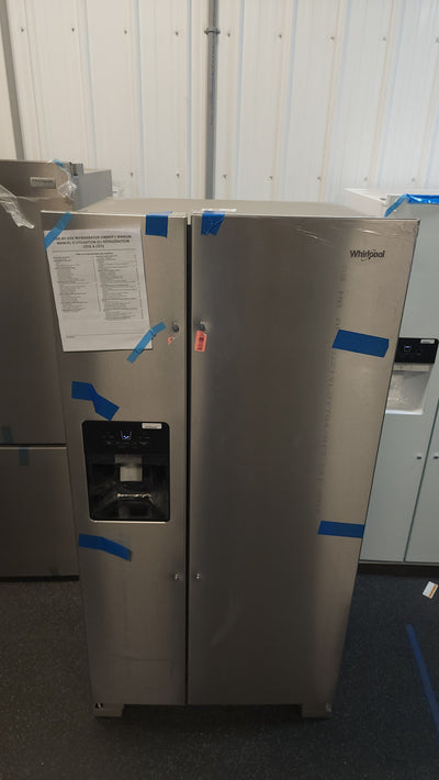 Whirlpool  21.4-cu ft Side-By-Side Refrigerator with Ice and Water Dispenser and Can Caddy - Fingerprint Resistant Stainless Steel!

-Brand new but is scratch/dented from shipping, photos shown!