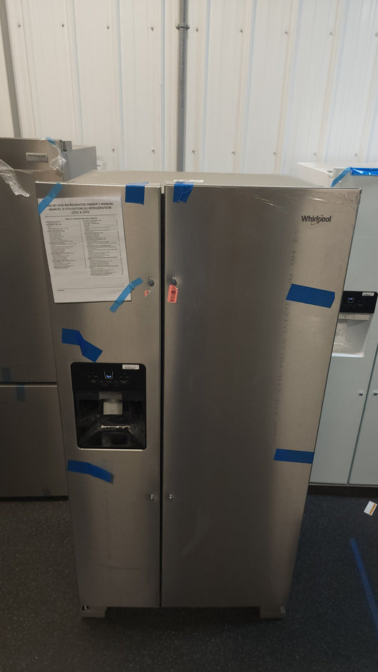 Whirlpool  21.4-cu ft Side-By-Side Refrigerator with Ice and Water Dispenser and Can Caddy - Fingerprint Resistant Stainless Steel!

-Brand new but is scratch/dented from shipping, photos shown!