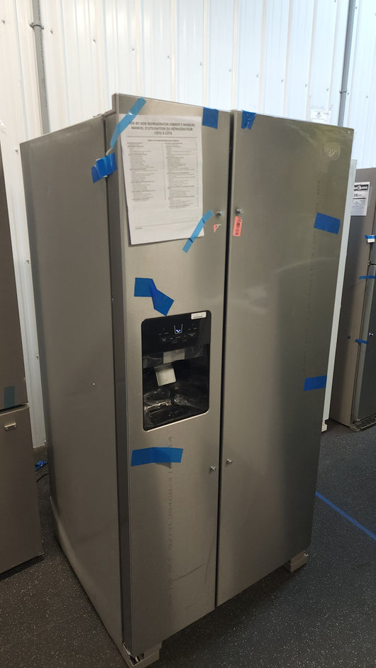 Whirlpool  21.4-cu ft Side-By-Side Refrigerator with Ice and Water Dispenser and Can Caddy - Fingerprint Resistant Stainless Steel!

-Brand new but is scratch/dented from shipping, photos shown!