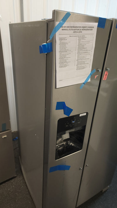 Whirlpool  21.4-cu ft Side-By-Side Refrigerator with Ice and Water Dispenser and Can Caddy - Fingerprint Resistant Stainless Steel!

-Brand new but is scratch/dented from shipping, photos shown!