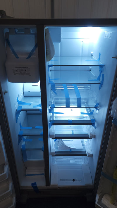Whirlpool  21.4-cu ft Side-By-Side Refrigerator with Ice and Water Dispenser and Can Caddy - Fingerprint Resistant Stainless Steel!

-Brand new but is scratch/dented from shipping, photos shown!