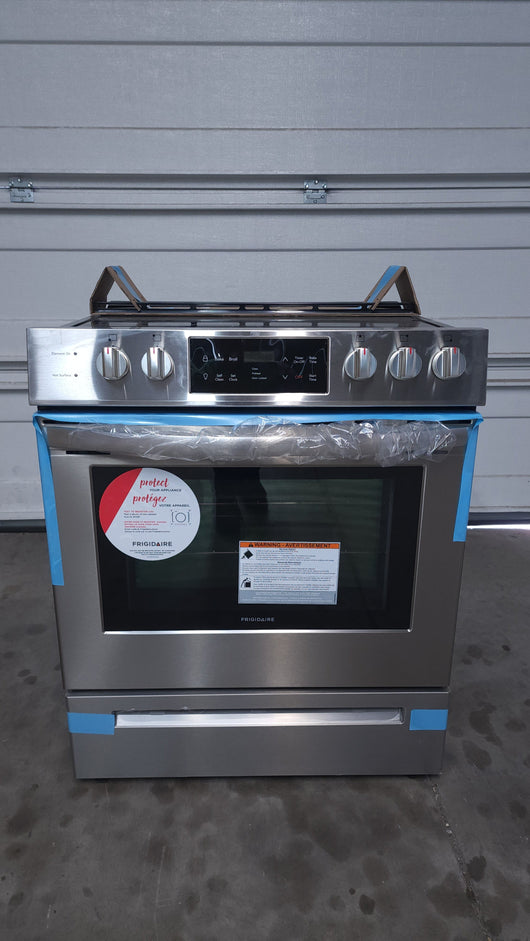 Frigidaire  30-in Smooth Surface 5 Elements 5-cu ft Self-Cleaning Freestanding Electric Range (Easycare Stainless Steel)!

-Brand new, has one very small indent on the bottom left side, photos shown