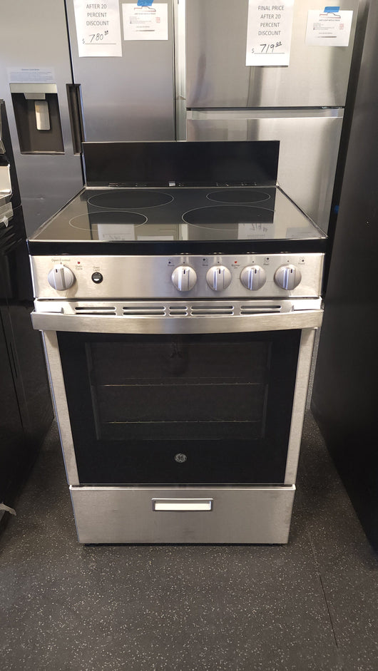 GE  24-in Smooth Surface 4 Elements 2.9-cu ft Steam Cleaning Freestanding Electric Range (Stainless Steel)!

-Brand new out of the box 