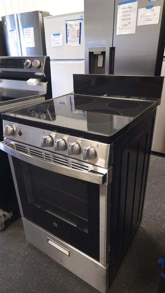 GE  24-in Smooth Surface 4 Elements 2.9-cu ft Steam Cleaning Freestanding Electric Range (Stainless Steel)!

-Brand new out of the box 