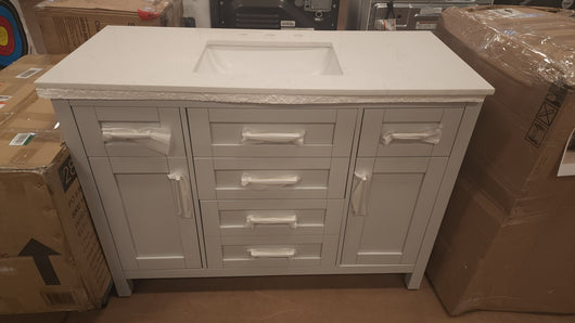 Riverdale 48 in. W x 21 in. D Vanity in Dove Grey with a Cultured Marble Vanity Top in White with White Sink! 

-Brand new out of the box ( Top of Vanity is Cracked - Photos shown - Price reduced for the crack)