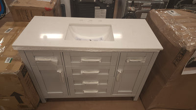 Riverdale 48 in. W x 21 in. D Vanity in Dove Grey with a Cultured Marble Vanity Top in White with White Sink! 

-Brand new out of the box ( Top of Vanity is Cracked - Photos shown - Price reduced for the crack)