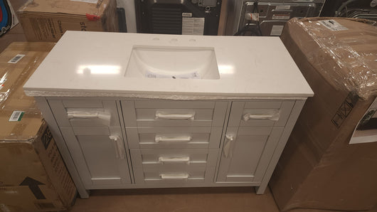 Riverdale 48 in. W x 21 in. D Vanity in Dove Grey with a Cultured Marble Vanity Top in White with White Sink! 

-Brand new out of the box ( Top of Vanity is Cracked - Photos shown - Price reduced for the crack)
