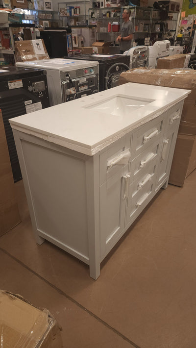 Riverdale 48 in. W x 21 in. D Vanity in Dove Grey with a Cultured Marble Vanity Top in White with White Sink! 

-Brand new out of the box ( Top of Vanity is Cracked - Photos shown - Price reduced for the crack)