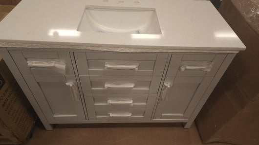 Riverdale 48 in. W x 21 in. D Vanity in Dove Grey with a Cultured Marble Vanity Top in White with White Sink! 

-Brand new out of the box ( Top of Vanity is Cracked - Photos shown - Price reduced for the crack)