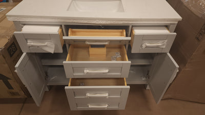 Riverdale 48 in. W x 21 in. D Vanity in Dove Grey with a Cultured Marble Vanity Top in White with White Sink! 

-Brand new out of the box ( Top of Vanity is Cracked - Photos shown - Price reduced for the crack)