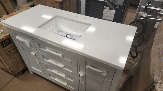 Riverdale 48 in. W x 21 in. D Vanity in Dove Grey with a Cultured Marble Vanity Top in White with White Sink! 

-Brand new out of the box ( Top of Vanity is Cracked - Photos shown - Price reduced for the crack)