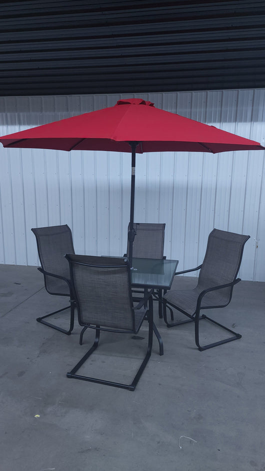 Mainstays Bristol Springs Outdoor Patio 5-Piece Dining Set W/Red 9' Market Umbrella!

-Brand new and assembled 