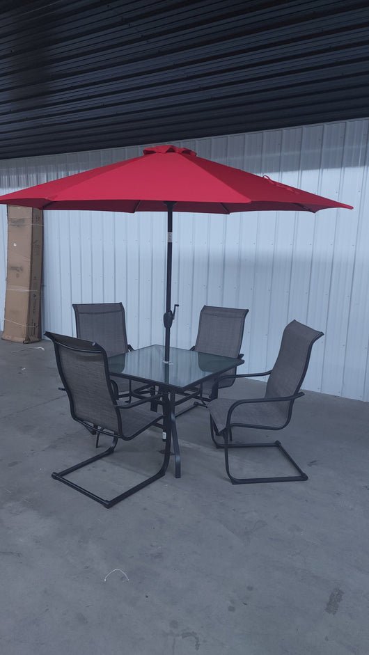 Mainstays Bristol Springs Outdoor Patio 5-Piece Dining Set W/Red 9' Market Umbrella!

-Brand new and assembled 