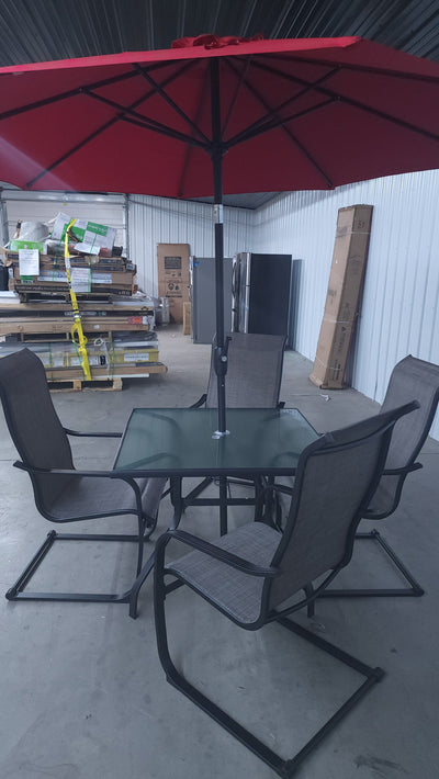 Mainstays Bristol Springs Outdoor Patio 5-Piece Dining Set W/Red 9' Market Umbrella!

-Brand new and assembled 