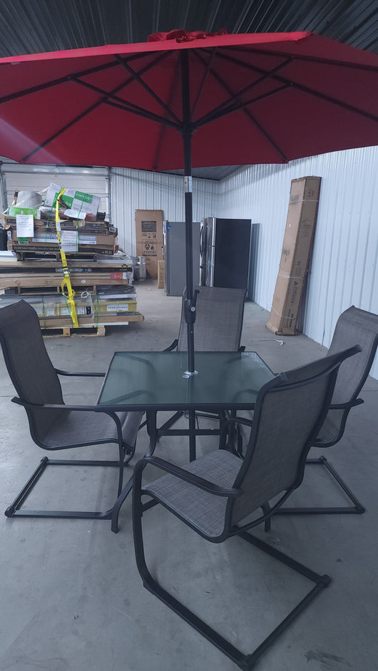 Mainstays Bristol Springs Outdoor Patio 5-Piece Dining Set W/Red 9' Market Umbrella!

-Brand new and assembled 