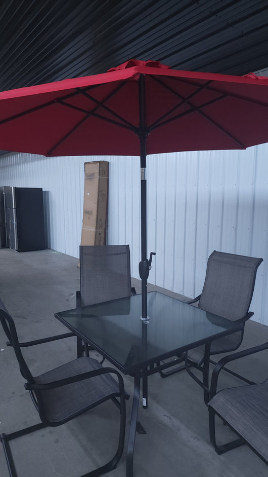 Mainstays Bristol Springs Outdoor Patio 5-Piece Dining Set W/Red 9' Market Umbrella!

-Brand new and assembled 