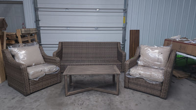 Better Homes and Gardens Hawthorne Park 4-Piece Sofa Conversation Set!

-Brand new, assembled out of the box (SOFA IS MISSING CUSHIONS)

-CLEARANCE ITEM!!! (AUTOMATICALLY 20% OFF AT CHECKOUT!!! - PRICE AFTER 20% = $399)