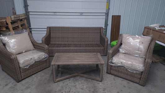 Better Homes and Gardens Hawthorne Park 4-Piece Sofa Conversation Set!

-Brand new, assembled out of the box (SOFA IS MISSING CUSHIONS)

-CLEARANCE ITEM!!! (AUTOMATICALLY 20% OFF AT CHECKOUT!!! - PRICE AFTER 20% = $399)