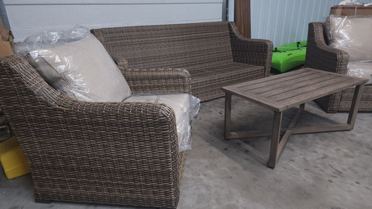 Better Homes and Gardens Hawthorne Park 4-Piece Sofa Conversation Set!

-Brand new, assembled out of the box (SOFA IS MISSING CUSHIONS)

-CLEARANCE ITEM!!! (AUTOMATICALLY 20% OFF AT CHECKOUT!!! - PRICE AFTER 20% = $399)