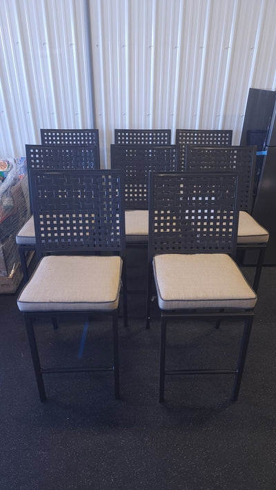 SET OF 8 METAL FRAMED COUNTER HEIGHT OUTDOOR DINING CHAIRS W/CUSHIONS!

-Chairs & Cushions are new never used but were open when shipped, so some have light scratchs, photos shown