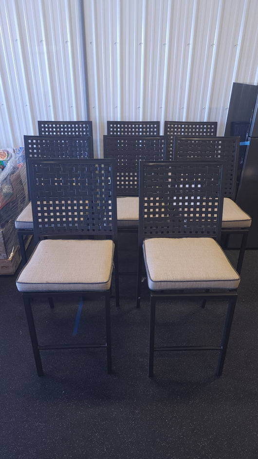 SET OF 8 METAL FRAMED COUNTER HEIGHT OUTDOOR DINING CHAIRS W/CUSHIONS!

-Chairs & Cushions are new never used but were open when shipped, so some have light scratchs, photos shown