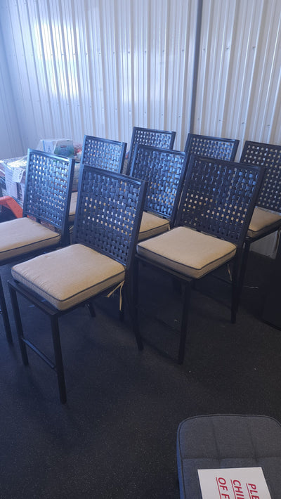 SET OF 8 METAL FRAMED COUNTER HEIGHT OUTDOOR DINING CHAIRS W/CUSHIONS!

-Chairs & Cushions are new never used but were open when shipped, so some have light scratchs, photos shown