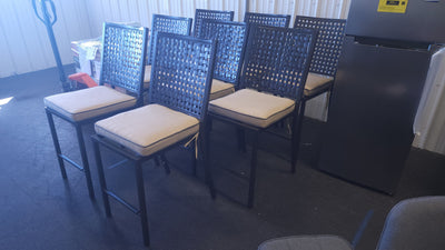 SET OF 8 METAL FRAMED COUNTER HEIGHT OUTDOOR DINING CHAIRS W/CUSHIONS!

-Chairs & Cushions are new never used but were open when shipped, so some have light scratchs, photos shown