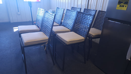 SET OF 8 METAL FRAMED COUNTER HEIGHT OUTDOOR DINING CHAIRS W/CUSHIONS!

-Chairs & Cushions are new never used but were open when shipped, so some have light scratchs, photos shown