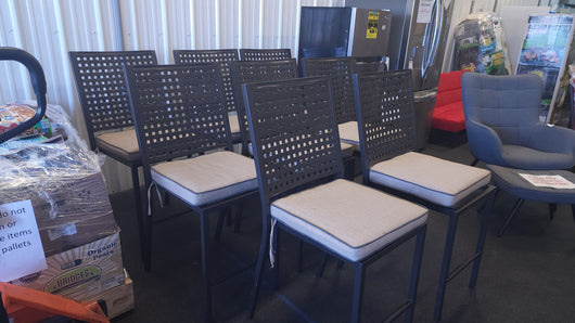 SET OF 8 METAL FRAMED COUNTER HEIGHT OUTDOOR DINING CHAIRS W/CUSHIONS!

-Chairs & Cushions are new never used but were open when shipped, so some have light scratchs, photos shown