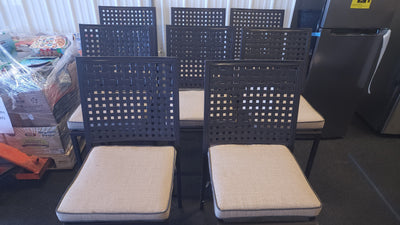 SET OF 8 METAL FRAMED COUNTER HEIGHT OUTDOOR DINING CHAIRS W/CUSHIONS!

-Chairs & Cushions are new never used but were open when shipped, so some have light scratchs, photos shown