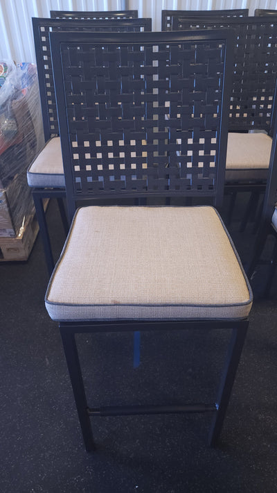 SET OF 8 METAL FRAMED COUNTER HEIGHT OUTDOOR DINING CHAIRS W/CUSHIONS!

-Chairs & Cushions are new never used but were open when shipped, so some have light scratchs, photos shown