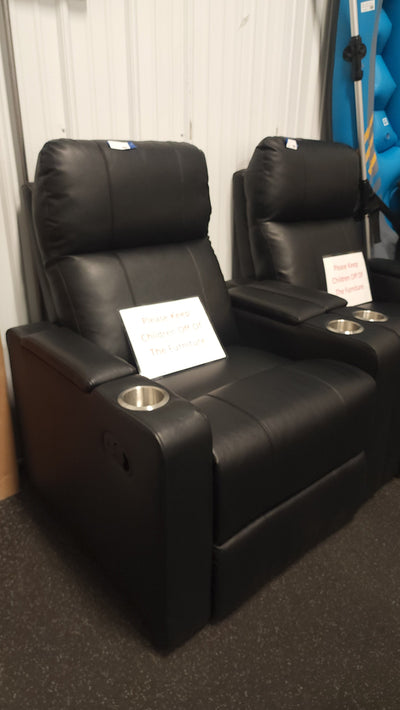 Mainstays Home Theater Recliner with USB charging ports, Faux Leather, Black- NEW AND ASSEMBLED!!!