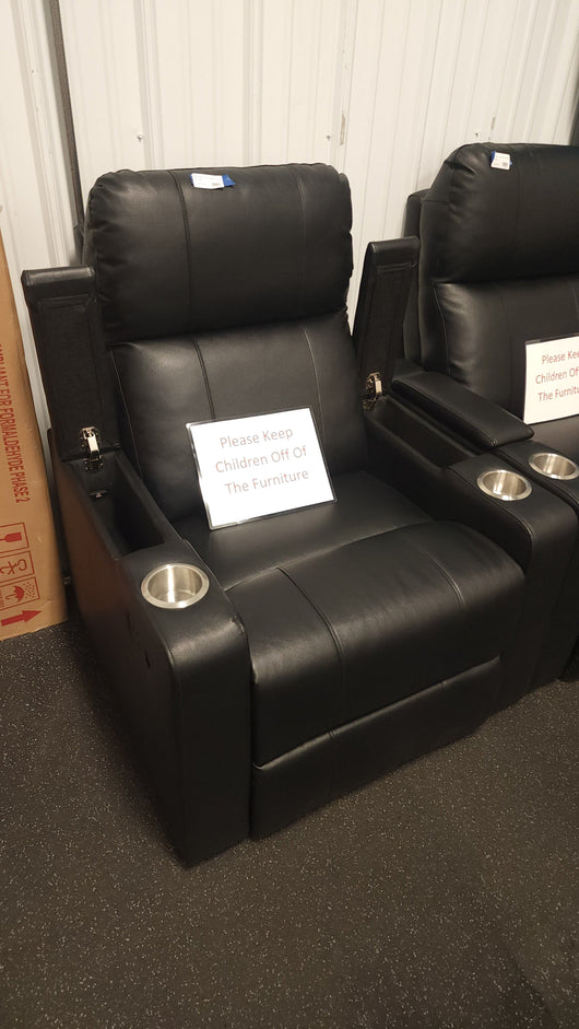 Mainstays Home Theater Recliner with USB charging ports, Faux Leather, Black- NEW AND ASSEMBLED!!!