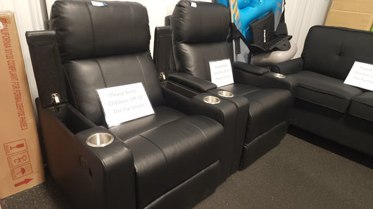 Mainstays Home Theater Recliner with USB charging ports, Faux Leather, Black- NEW AND ASSEMBLED!!!