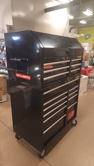 Husky 41 in. W x 24.5 in D Standard Duty 16-Drawer Combination Rolling Tool Chest and Top Tool Cabinet Set in Gloss Black!

-Brand new out of the box, does have one very small indent on the back left corner, photos shown