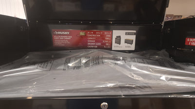 Husky 41 in. W x 24.5 in D Standard Duty 16-Drawer Combination Rolling Tool Chest and Top Tool Cabinet Set in Gloss Black!

-Brand new out of the box, does have one very small indent on the back left corner, photos shown