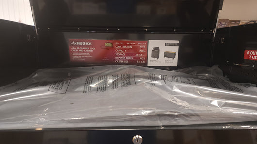 Husky 41 in. W x 24.5 in D Standard Duty 16-Drawer Combination Rolling Tool Chest and Top Tool Cabinet Set in Gloss Black!

-Brand new out of the box, does have one very small indent on the back left corner, photos shown