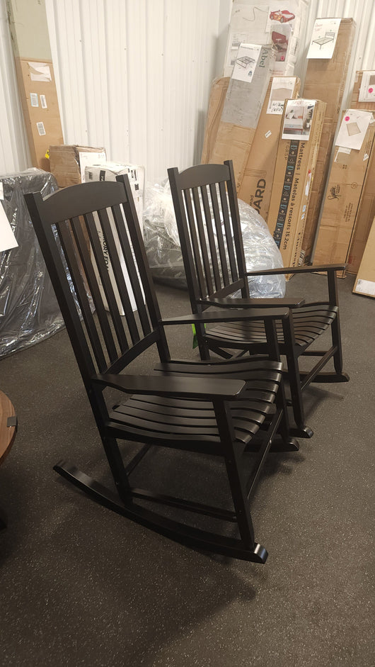 Mainstays Outdoor Wood Porch Rocking Chair, Black, Set of 2!

-Brand new and assembled -(One Chair Does Have a Small Crack on The Side of the butt, photos shown)